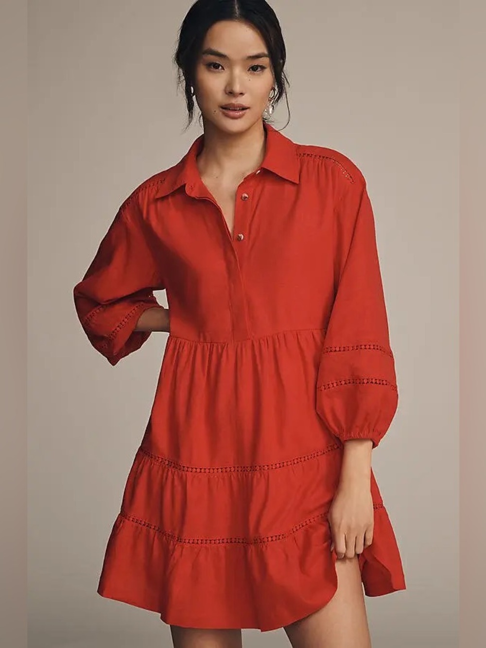 NWT Anthropologie Maeve The Bettina Linen Blend Tiered Mini Shirt Dress Red